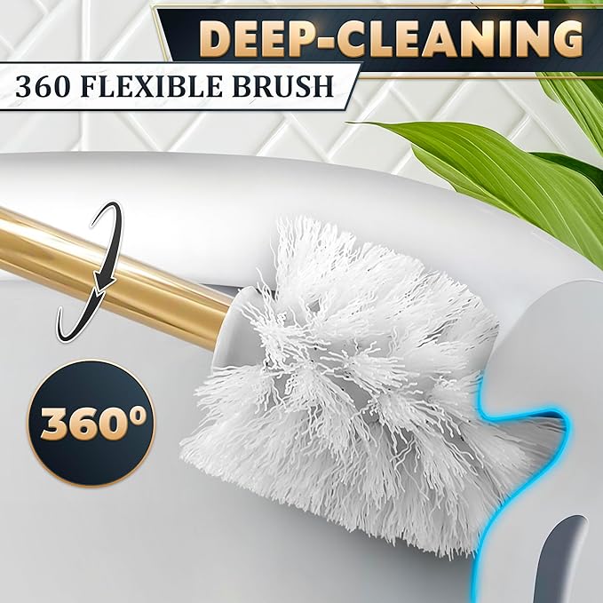 Gold Stainless Steel Toilet Brush with Crystal Toilet Brush Holder Set – Wall Mounted Holder, Replaceable Head, Decorative Space-Saving Design Bathroom Toilet Accessory Elegant Toilet Bowl Cleaner Set
