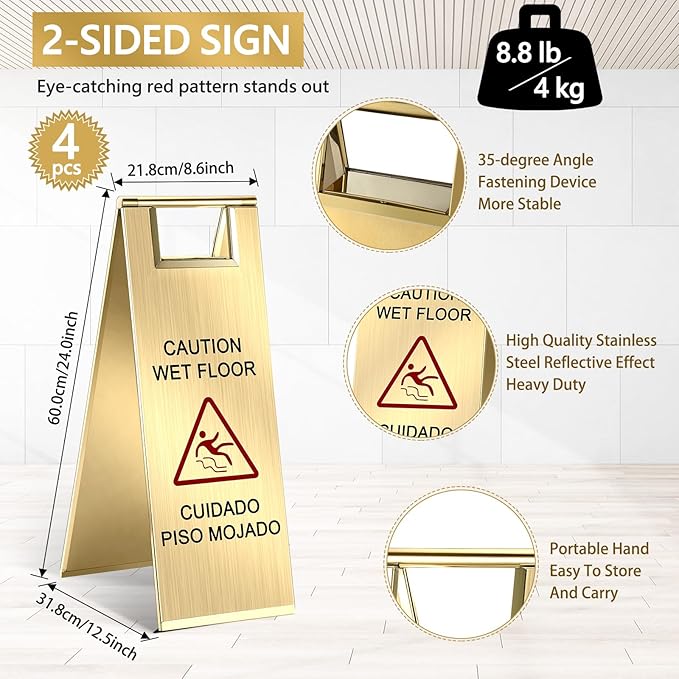 LEIFIDE 4 Pcs Stainless Steel Wet Floor Caution Sign Bulk 8.8 Pound Portable Foldable Handle Bilingual Safety Sign for Kitchen Restaurant Shop Commercial Use Avoid Fall and Slip Accident (Gold)
