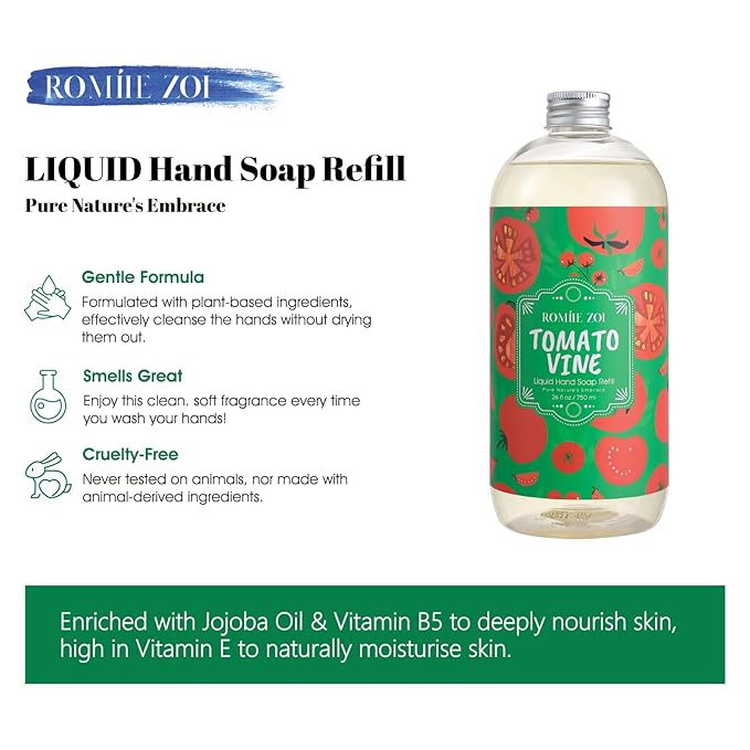 ROMIIE ZOI Liquid Hand Soap Refill, Tomato Vine, Gentle & Moisturizing Formula, 750 ML/ 26 FL OZ