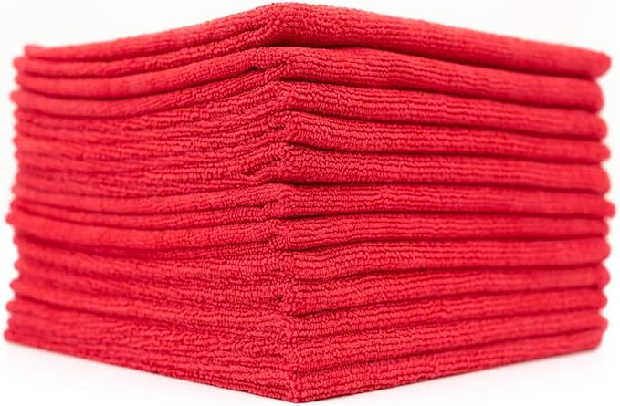 The Rag Company - All-Purpose Microfiber Terry Cleaning Towels - Commercial Grade, Highly Absorbent, Lint-Free, Streak-Free, Kitchens, Bathrooms, Offices, 300gsm, 16in x 16in, Red (12-Pack)