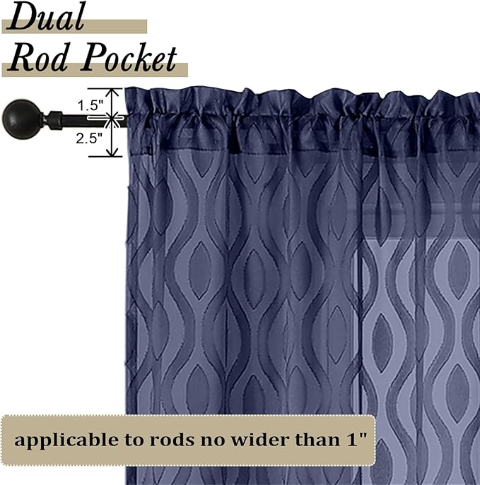 Aiyufeng Extra Long Sheer Curtains 96 Inches Long for Bedroom 2 Panels Set, Modern Light Filtering Wavy Line Clip Jacquard See Through Curtains for Bedroom Living Room, Navy Blue, 40" Wx96 L Inches