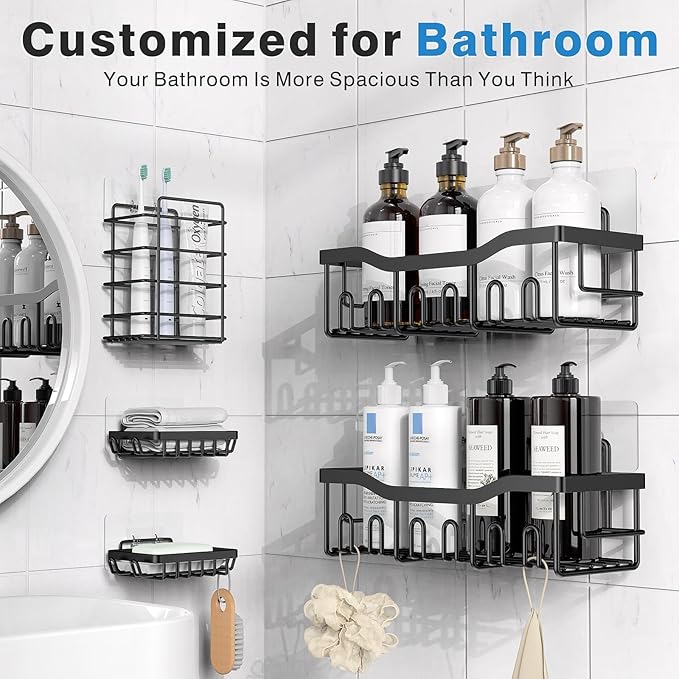 EUDELE Adhesive Shower Caddy, 5 Pack Rustproof Stainless Steel Bath Organizers With Large Capacity, No Drilling Shelves for Bathroom Storage & Home Decor-XL Size