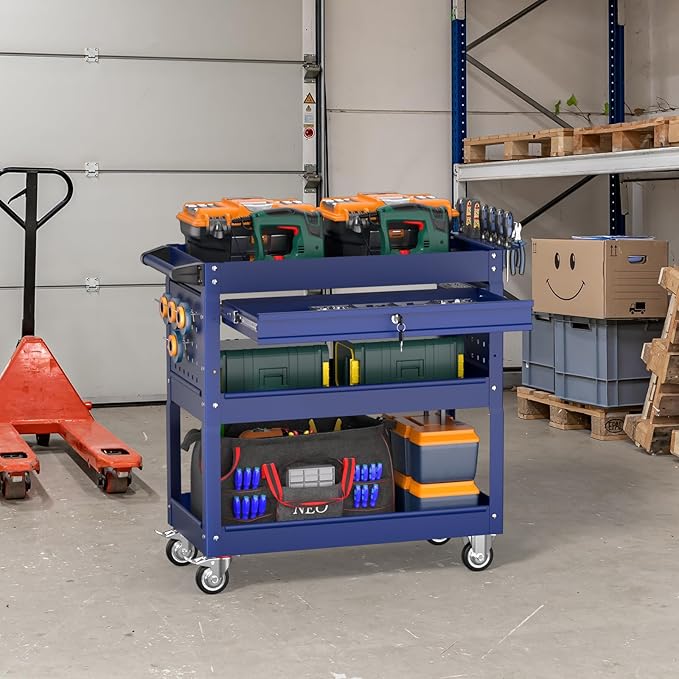 3 Tier Rolling Tool Cart on Wheels, Heavy Duty Service Cart Industrial Utility Cart with Drawer and Screwdriver Rack Pegboard, 550 LBS Mobile Tool Storage Organizer for Garage, Workshop (DARKBLUE)