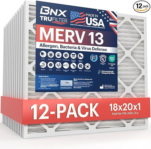 BNX TruFilter 18x20x1 Air Filter MERV 13 (12-Pack) - MADE IN USA - Electrostatic Pleated Air Conditioner HVAC AC Furnace Filters for Allergies, Pollen, Mold, Bacteria, Smoke, Allergen, MPR 1900 FPR 10