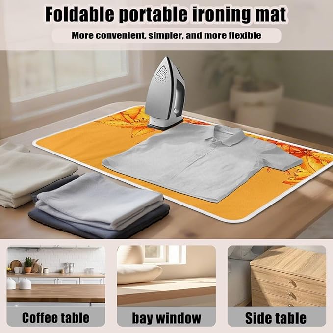 Yellow Ironing Mat Pumpkin Ironing Board Pad Heat Resistant, Portable, Quilting & Travel Blanket 32 x 16 Inch Thanksgiving Small Ironing Mat for Table Top,Countertop,Etc
