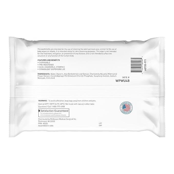 McKesson Washcloth Wipes for Adults, Unscented (3 Pack, 144 Washcloths) Disposable Wash Cloths for Body - Fragrance-Free No-Rinse Formula - Good for Incontinence and Elderly - 48 Wipes Per Pack