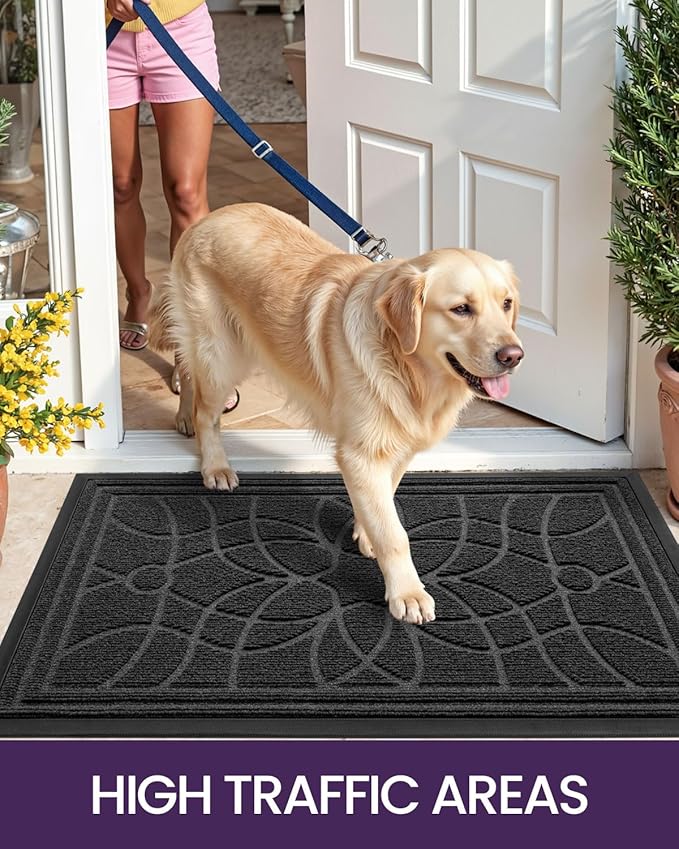 DEXI Front Door Mat Outside Entrance, Heavy Duty Non Slip Low Profile Doormat for Entryway, Trap Dirt and Moisture Welcome Mats, Easy Clean, Patio, Garage, 3x2, Grey
