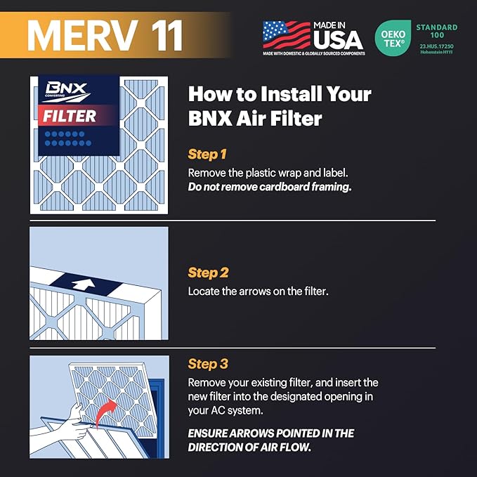 BNX TruFilter 16x16x1 Air Filter MERV 11 (6-Pack) - MADE IN USA - Allergen Defense Electrostatic Pleated Air Conditioner HVAC AC Furnace Filters for Allergies, Dust, Pet, Smoke, Allergy MPR 1200 FPR 7