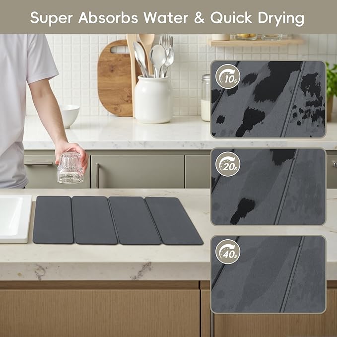 Large Stone Dish Drying Mat for Kitchen Counter, HQAUT 24×16" Collapsible Quick Drying Dish Mats, Ultra Absorbent Diatomaceous Earth, Non-Slip Dishes Drainer Drying Mat, Easy to Clean