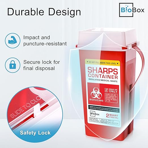 Sharps Container Large - Sharps Containers for Home Use and Labs - Portable Needle Disposal and Travel Size Biohazard Bin - 2 Quart (Pack of 3)