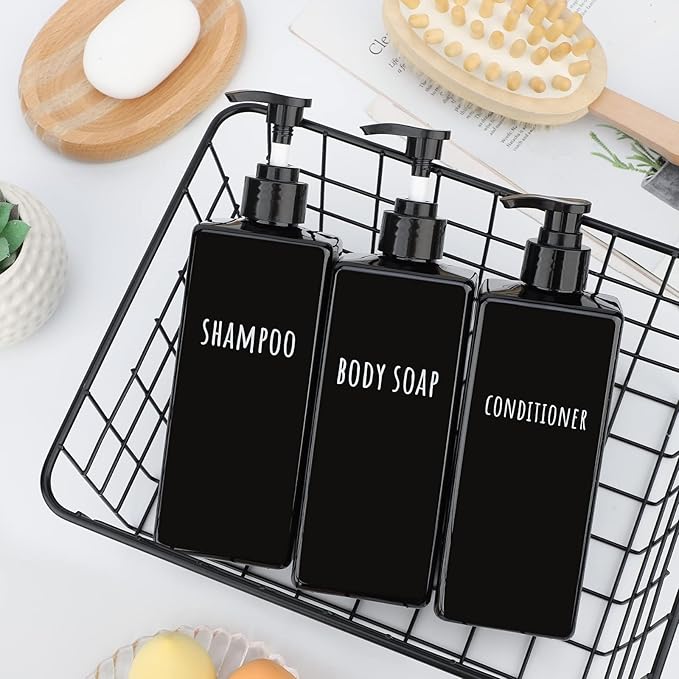Segbeauty Plastic Square Soap Dispenser Black, 3pcs 16.9oz Refillable Shampoo and Conditioner Bottles, 500ml Empty Reusable Pump Bottle Bathroom Shower Dispenser Set for Body Wash Liquid Gel Lotion
