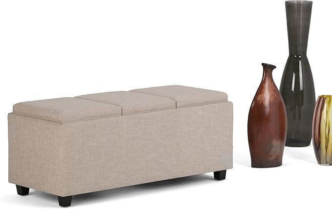 SIMPLIHOME Avalon 42 inch Wide Contemporary Rectangle Storage Ottoman in Natural Linen Look Fabric, Assembled, for the Living Room, Entryway and Family Room