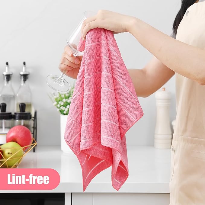 Homaxy Microfiber Kitchen Towels and Dishcloths Set, 12 Pack Soft and Absorbent Dish Hand Towels Bulk, 28 x 16 Inch & 12 x 12 Inch Quick Drying Rags for Washing Dishes, Pink
