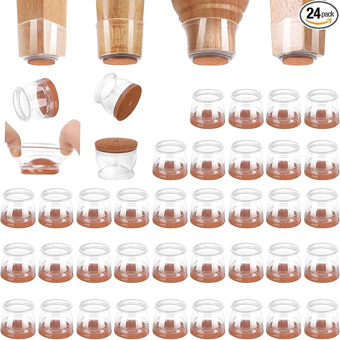 CHUNZEXI 24 Pack Chair Leg Floor Protectors for Hardwood Floors, Silicone Felt Covers Pads Caps, Protect Wood Furniture Feet Floors Noise Reduce and Scratch (Universal Large & Clear)