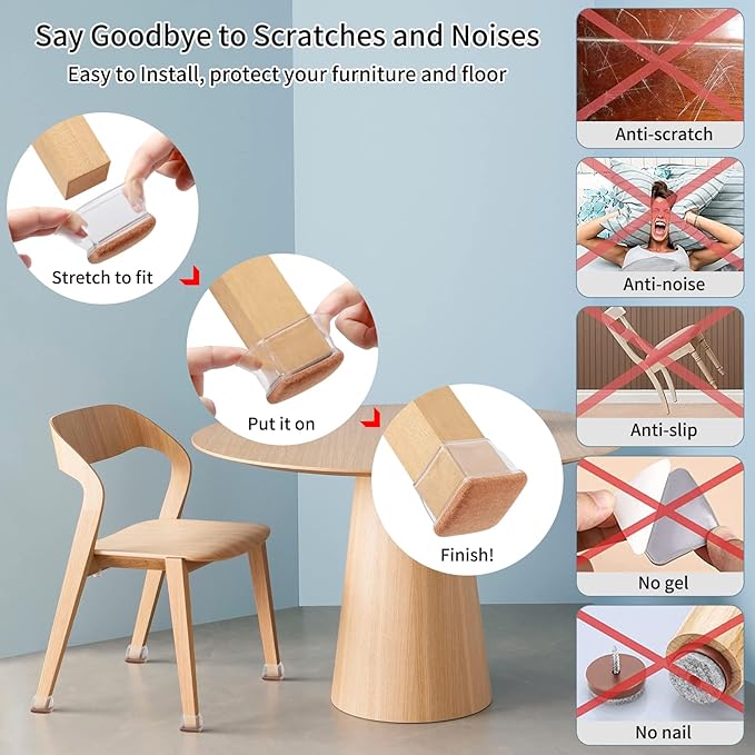 Ezprotekt 8 Pcs Extra Large Square Chair Leg Floor Protectors, Silicone Felt Furniture Pads for Hardwood Floor, Dining Table Bar Stool Leg Protectors Leg Cups Covers (XL Fit: 1.5" - 2", Clear)