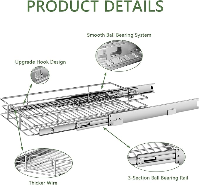Pull Out Cabinet Organizer 13½" W x 21½" D, Heavy Duty Cabinet Pull Out Shelves, Slide Out Drawers Organization for Kitchen Cabinets Bathroom