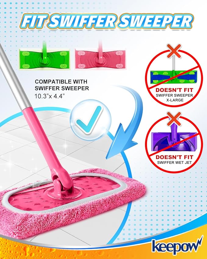 KEEPOW 6 Pack Reusable Mop Pads Compatible with Swiffer Sweeper, Coral Fleece Pink Washable Swiffer Mop Pads, Dry & Wet Sweeping Mopping Cloths (Pink, Not Included Mop)