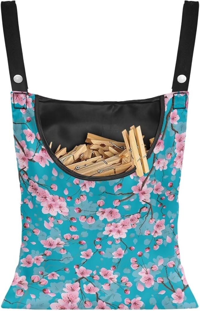 Cherry Blossom Clothespin Pouch with Hanging Hook - Waterproof Clothespin Storage for Outdoor Use