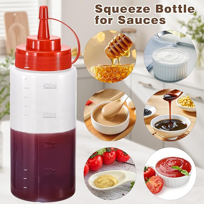 Condiment Squeeze Bottles Ketchup Dispenser, 2 Pack 16oz Squeeze Bottles for Liquids, Plastic Sauce Bottle with Cap Lid, Squirt Bottles for Sauces Liquids BBQ Dressing Pancake Art