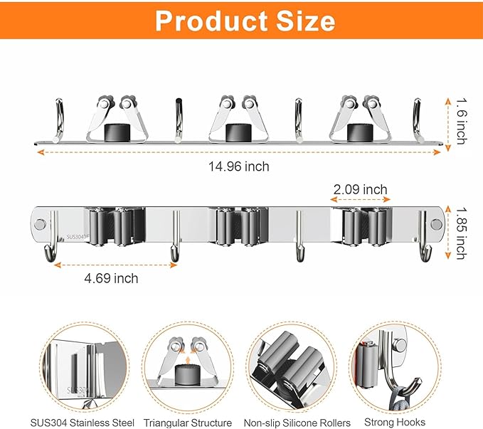 2 Pack Mop and Broom Holder Wall Mount, Non-slip Broom Hanger, Heavy Duty Mop Broom Organizer for Kitchen Garden Garage Laundry Room Wall Decor Organization and Storage Silver 3R4H
