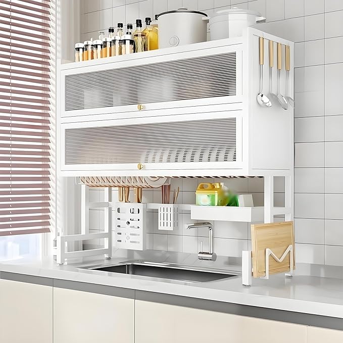 Dish Drying Rack 4 Tiers with Cover, Keep Kitchen Sink Shlef Organized Space-Saving Dish Drying Rack, Large Drying Rack for Dishes, Glasses, Bowls, Cutlery (White, W-25.6)