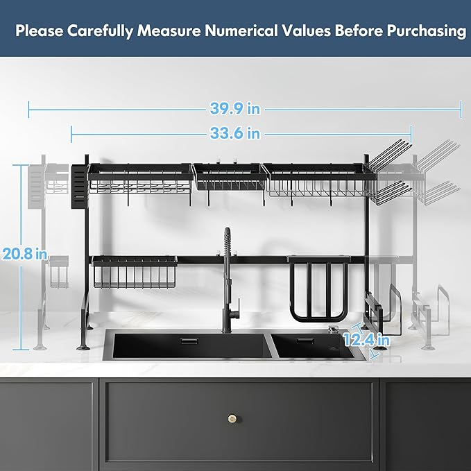 2 Tier Extra Large Stainless Steel Expandable Over The Sink Dish Drainer Drying Rack, Rust Proof Metal, Space Saving, Modern Black Big Capacity Extendable Plate Strainers Above Kitchen Counter