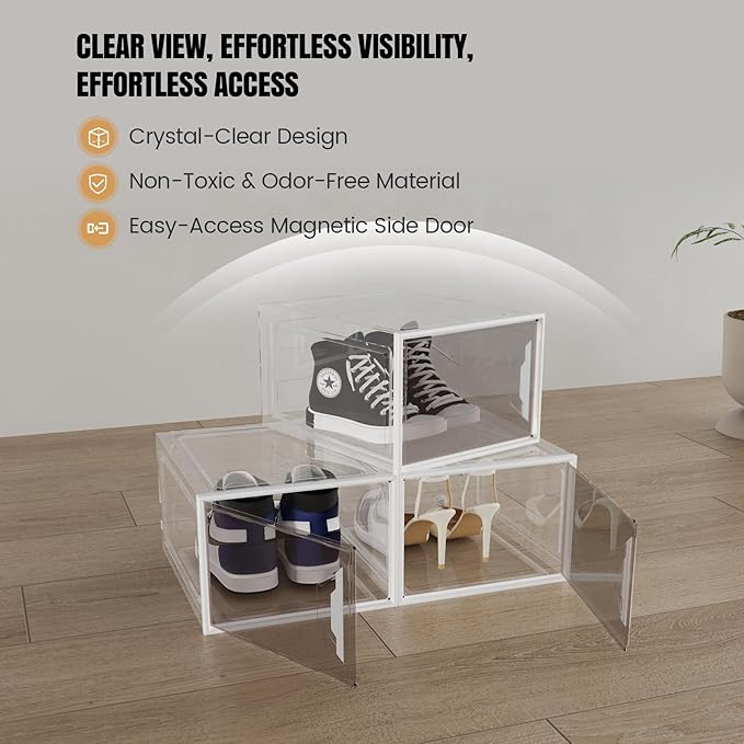 Shoe Storage Boxes Stackable, X-Large Plastic Clear Shoe Organizers with Magnetic Door, Thicken & Sturdy Sneaker Containers, Toy Storage Organizer Bins for Entryway, Closet, Under Bed