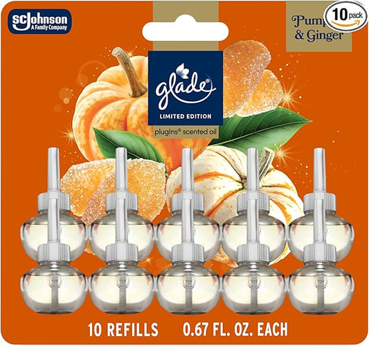 Glade PlugIns Refills Air Freshener, Pumpkin & Ginger, Scented and Essential Oils for Home and Bathroom, 0.67 Fl Oz, 10 Count