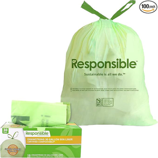 Responsible Products Kitchen Bin Liners, Certified Compostable, Heavy Duty Multipurpose Food Scrap Bags, Made from Compostable Materials (30 Gallon Drawstring, (18 Count))