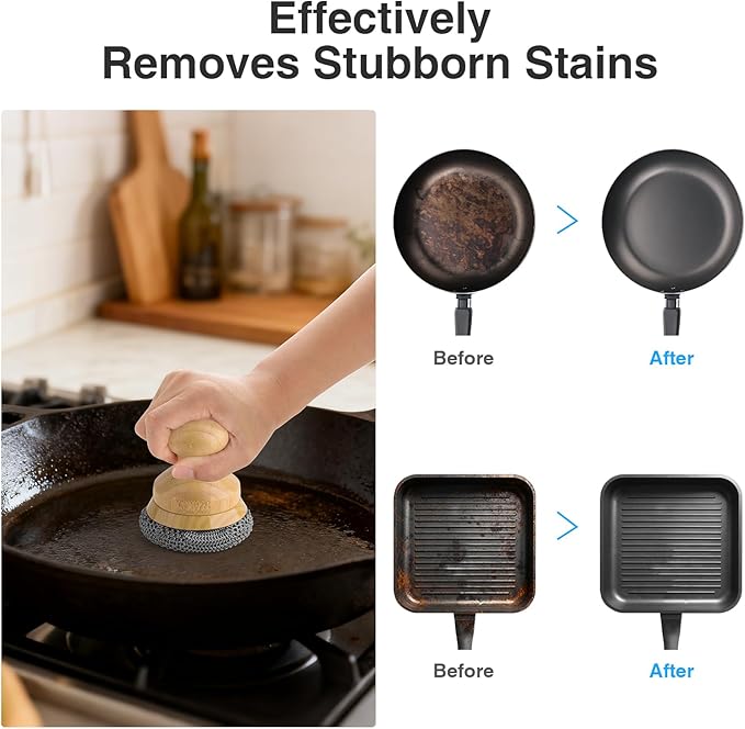 Cast Iron Scrubber and Scraper,Chain Mail Cleaner with Bamboo Handle & Draining Tray,316 Stainless Steel Brush for Cleaning Pots,Pans,Wok,Bakeware,Griddles, Grills,Dishes (Small Chain Mail)