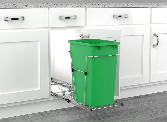 Rev-A-Shelf Pullout Trash Can for Kitchen Cabinets 35 Qt Garbage Waste Recycling Bin with Full Extension Slides, Green, RV-12KD-19C-S