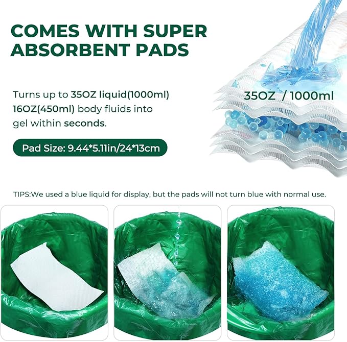 Commode Liners with Absorbent Pads, 30Pack Tear-Free Leak-Proof Bedside Commode Liners, Universal Disposable Commode/Bed Pan Liners for Bedside Commode, Standard Toilet, Chair Bucket(30Bags+30Pads)