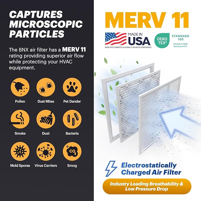 BNX TruFilter 16x16x1 Air Filter MERV 11 (6-Pack) - MADE IN USA - Allergen Defense Electrostatic Pleated Air Conditioner HVAC AC Furnace Filters for Allergies, Dust, Pet, Smoke, Allergy MPR 1200 FPR 7