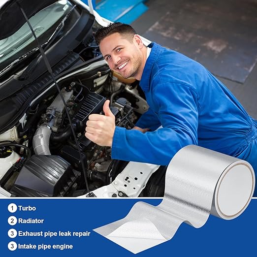 Zonon 2 Rolls Aluminum Foil Tape Heat Shield Tape Barrier Adhesive Reflective Fiberglass Thermal Insulation Reflective Material High Temp Protection(Silver,4 Inch X 16.4 ft)