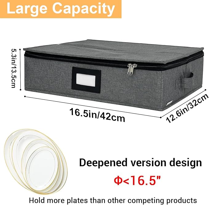 Platter Storage Case - Stackable China Storage Containers Hard Shell with Durable Zipper & Label & Sturdy Handles, 5.3” Height, Structured Top, 4 Felt Dividers Included (Dark Gray)