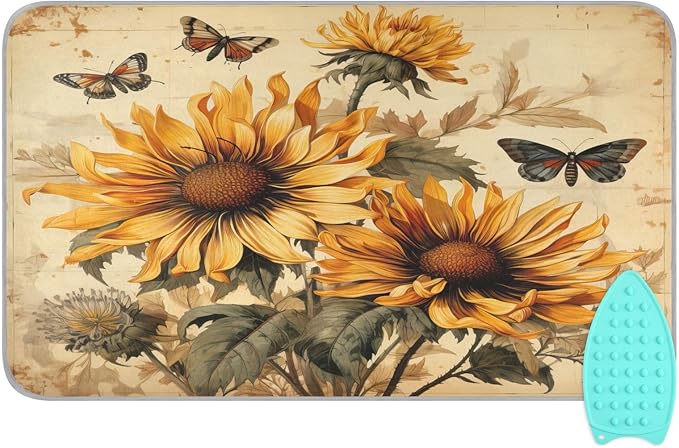 Retro Sunflowers and Butterflies Ironing Mat Thickened Ironing Blanket Travel Portable Double-Side Using Ironing Pad Travel Isolate Heat Pad Cover for Washer Dryer Table Top Countertop 27.6x47.