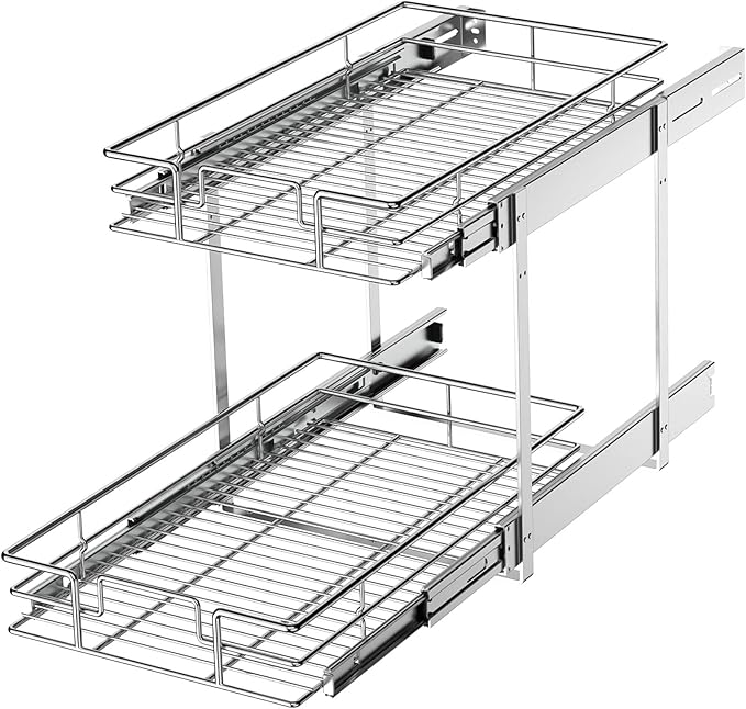 LOVMOR 2 Tier Individual Pull Out Cabinet Organizer 11" W x 18" D, Slide Out Kitchen Cabinet Storage Sliding Shelves
