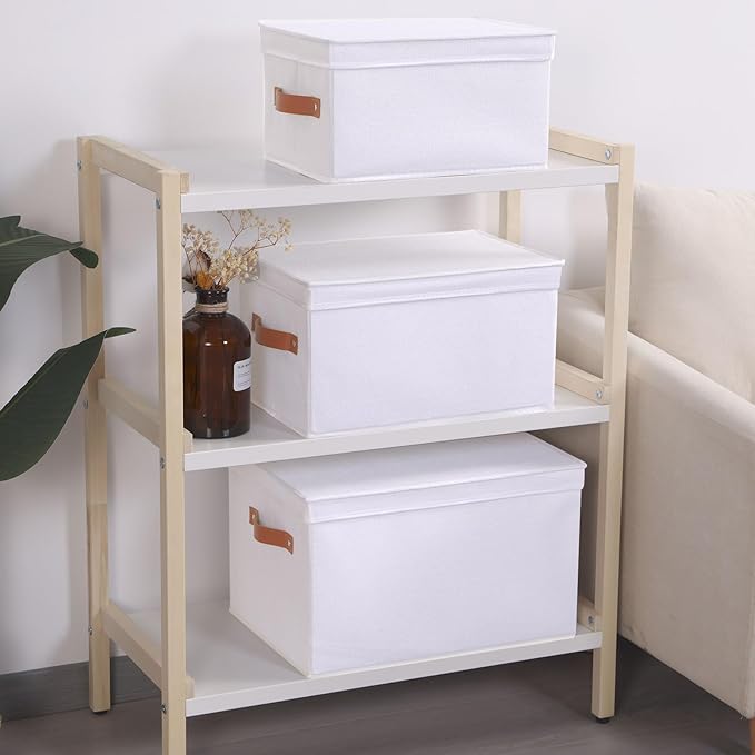 Fabric Storage Bins, Clothes Boxes for Shelves with Lids, 5 Pack Baskets for Organizing with Handles, Decorative Linen Closet Organizers, White, 16.5 x 11.8 x 10.2 Inch
