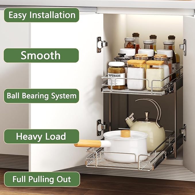 2 Tier Individual Pull Out Cabinet Organizer 10½" W x 18" D, Heavy Duty Cabinet Pull Out Shelves, Slide Out Drawers Organization for Kitchen Cabinets Bathroom