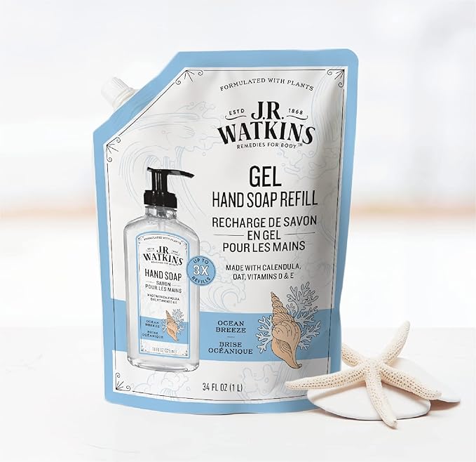 J.R. Watkins Gel Hand Soap Refill Pouch, Scented Liquid Hand Wash for Bathroom or Kitchen, USA Made and Cruelty Free, 34 fl oz, Ocean Breeze, 6 Pack