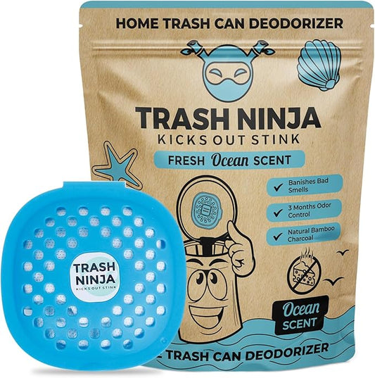 Trash Ninja Trash Can Deodorizer – Stick-On Air Freshener with Activated Charcoal and Fresh Ocean Scent for Kitchen, Bathroom, Fridge, Dumpster, and Trash Compactor Smell Removal