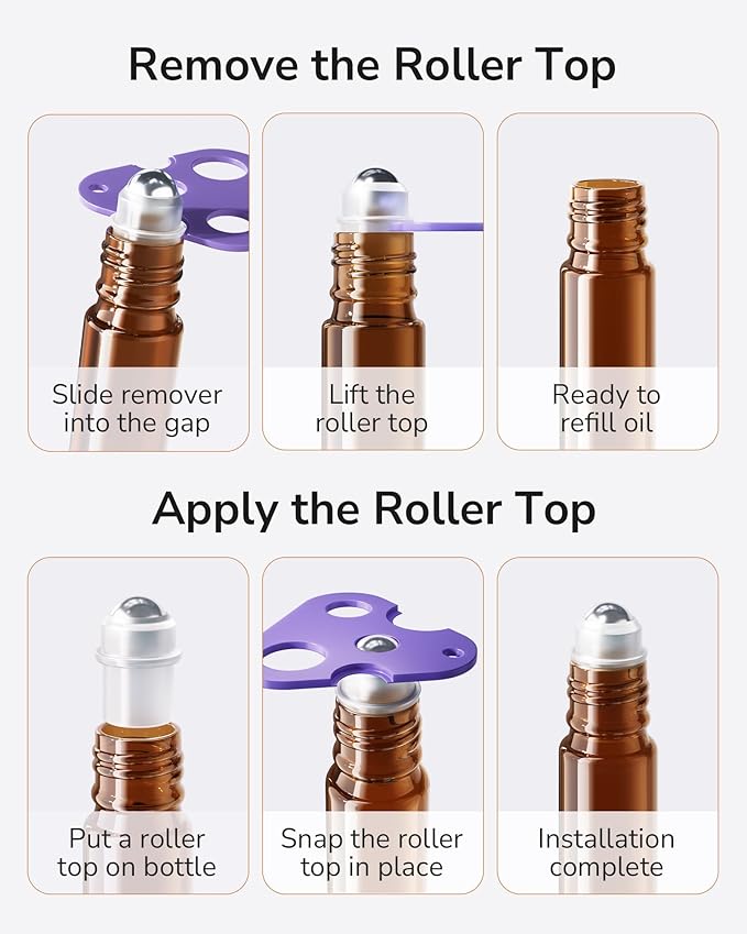 ULG 48-Pack Essential Oil Roller Bottles 10ml, Empty Bottles with Stainless Steel Roller Balls and Waterproof Labels, Amber Roller Balls For Essential Oils