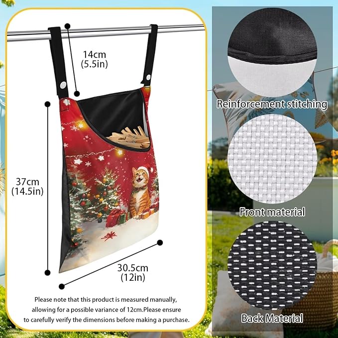 2025 Christmas Cat Waterproof Clothespin Bag with Hanging Rope - 14.5x12 Inch Storage Organizer for Home, Backyard & Camping