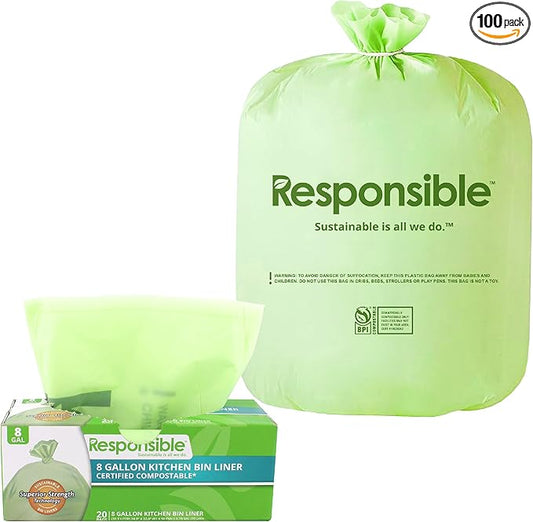 Responsible Products Kitchen Bin Liners, Certified Compostable, Heavy Duty Multipurpose Food Scrap Bags, Made from Compostable Materials (8 Gallon, 8 Gallon (20 Count))