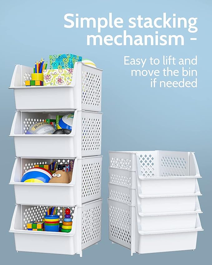 TidyFriend Plastic Stackable Bins for Pantry, 24 Pack Large Stacking Bins Open Front Kitchen, and Bathroom Organization, Open Front Design (White)