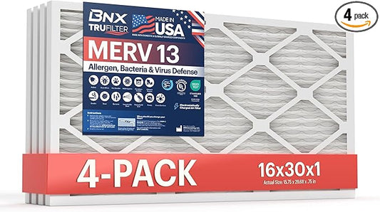 BNX TruFilter 16x30x1 Air Filter MERV 13 (4-Pack) - MADE IN USA - Electrostatic Pleated Air Conditioner HVAC AC Furnace Filters for Allergies, Pollen, Mold, Bacteria, Smoke, Allergen, MPR 1900 FPR 10