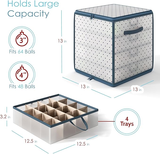 Hearth & Harbor Christmas Ornament Storage Box With 4 Inner Tray Dividers - Plastic Ornament Storage Container For 64 Holiday Ornaments or Decorations