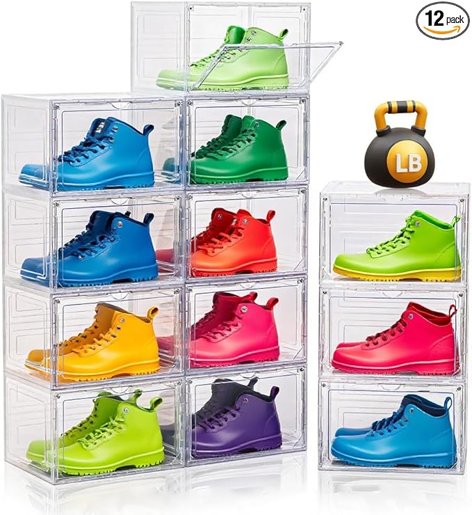 12 Pack Clear Shoe Boxes Stackable,Large Shoe Storage Organizer with Magnetic Door,Drop Side Shoe Containers for Entryway,Sneaker Storage Fit up to US Size 12 for Men/Women