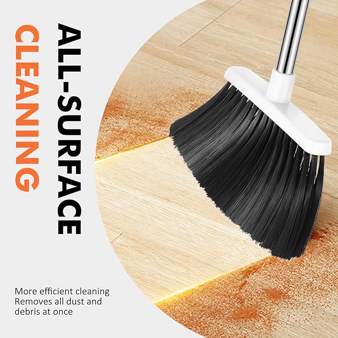 Heavy Duty Broom, 55 Inch Long Handle Outdoor Large Angle Brooms, Commercial Broom for Sweeping Indoor, for Home Garage Kitchen Office Courtyard Lobby Patio Lawn Concrete(Grey&White)
