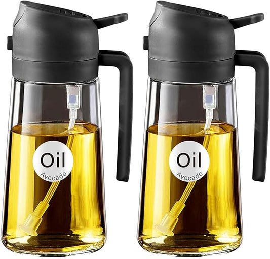 YARRAMATE 2Pcs 16oz/470ml Olive Oil Dispenser, Food-grade 2 in 1 Oil Glass Sprayer for Cooking, Kitchen, Air Fryer, Salad, Frying, BBQ (Black)